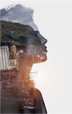 Silueta del rostro de una mujer con una ciudad en su interior, la cual representa los sectores económicos del país